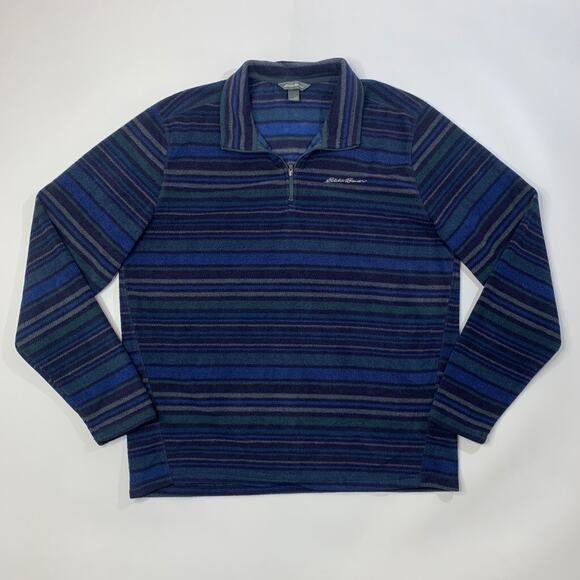 Eddie Bauer Fleece Mens L Large Blues Gray Striped 1/4 Zip Pullover Sweatshirt - Picture 2 of 12